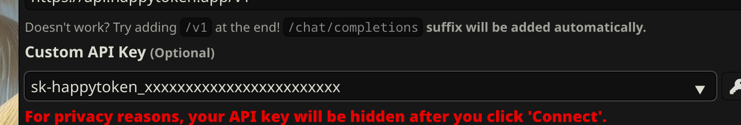 Custom API Key欄にHappyToken APIキーの形式を入力した状態